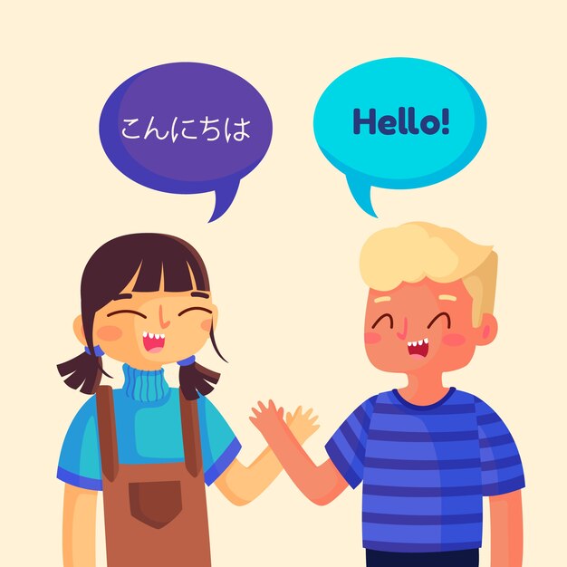 Conjunto de jóvenes hablando en diferentes idiomas