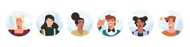 Conjunto de jóvenes sonrientes avatar Caras de hombre y mujer felices en la ilustración de vector plano de círculo Retrato de diferentes personajes de estudiantes o adolescentes alegres aislados en fondo blanco