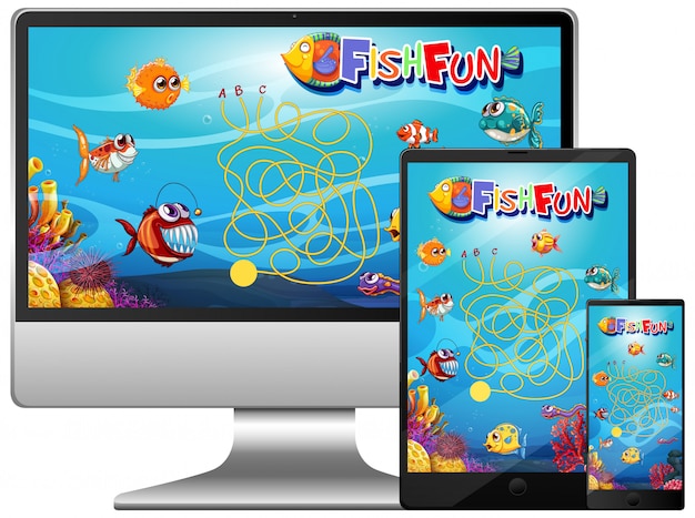 Conjunto de juego de peces en la pantalla de la computadora