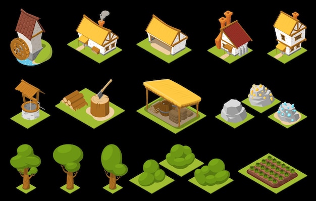 Conjunto de juegos conjunto de iconos isométricos casas con techos amarillos y marrones árboles y arbustos camas ilustración vectorial