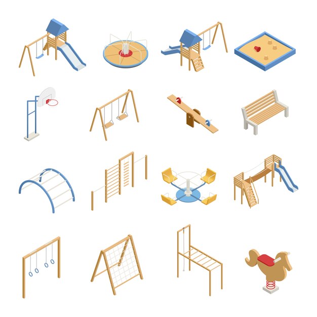 Conjunto de juegos infantiles de iconos isométricos con columpios, toboganes, aro de baloncesto, arenero, estructuras para trepar aisladas
