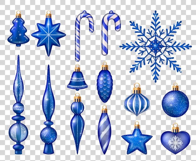 Conjunto de juguetes azules y blancos para la decoración del árbol de Navidad aislado