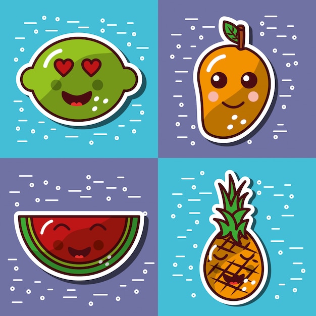 Vector gratuito conjunto de kawaii fruta feliz encantadora caricatura