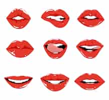 Vector gratuito conjunto de labios rojos labios rojos sexys y glamurosos maquillaje y moda