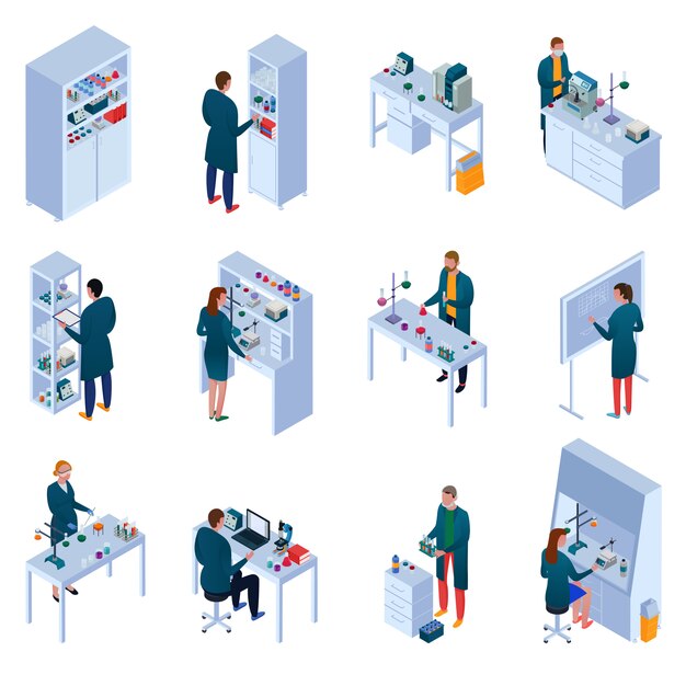 Conjunto de laboratorio químico de iconos isométricos con equipo de investigación científica y muebles aislados