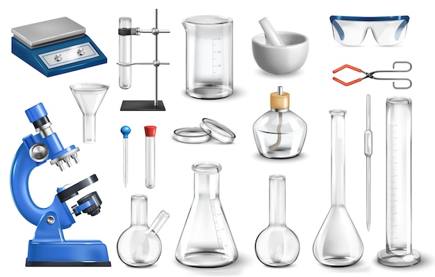 Conjunto de laboratorio realista con imágenes aisladas de frascos de vidrio y matraces con microscopio y tubos de ensayo ilustración vectorial