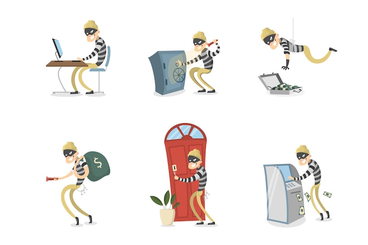Vector gratuito conjunto de ladrón aislado hombre de dibujos animados con máscara robando dinero