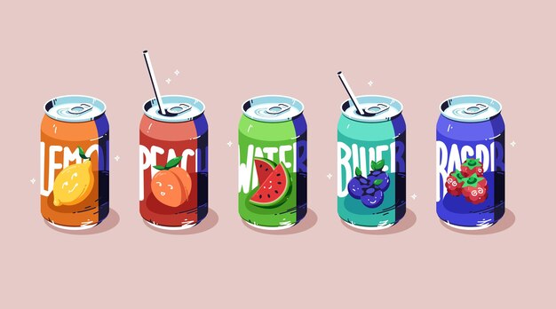 Conjunto de latas de refresco, bebidas de frutas frías de varios sabores.