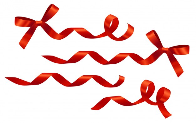 Conjunto de lazos y lazos rojos rizados decorativos. Para pancartas, carteles, folletos y folletos