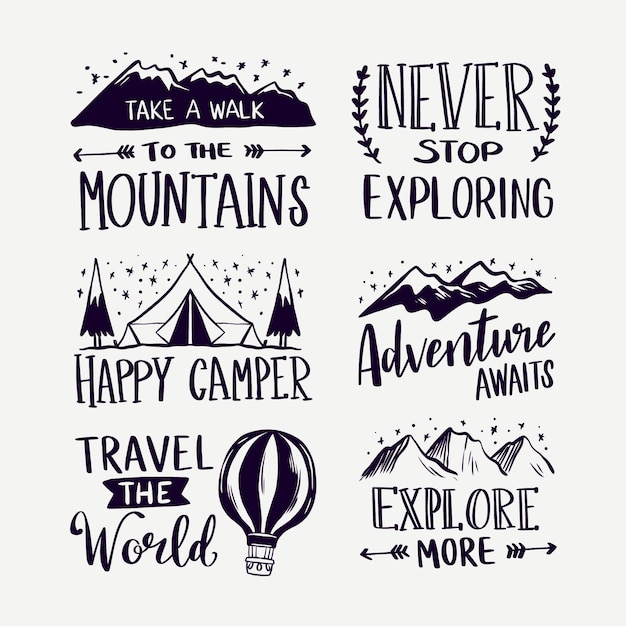 Conjunto de letras de camping y aventuras.