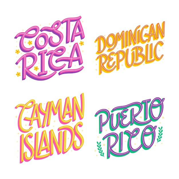 Conjunto de letras de lugares coloridos del caribe