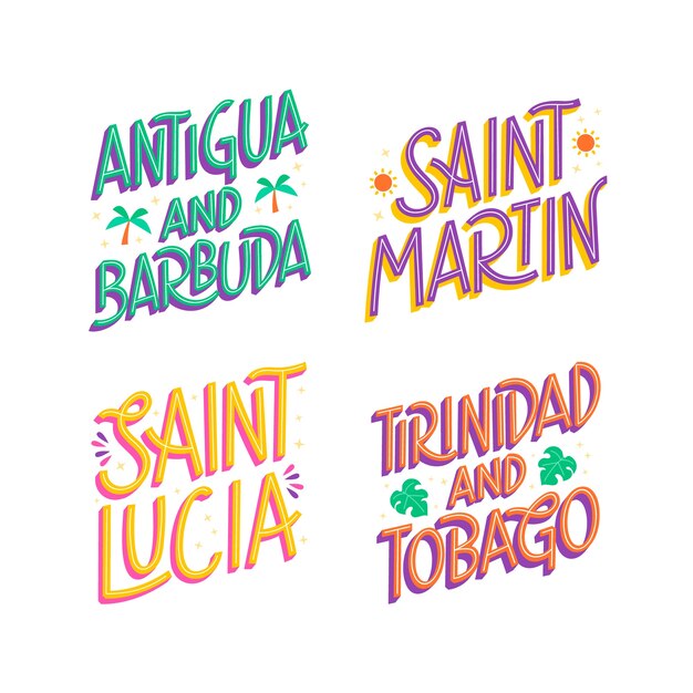 Conjunto de letras de lugares coloridos del caribe