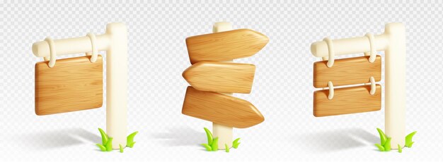 Conjunto de letreros de madera 3D en postes aislados en fondo transparente Vector ilustración realista de placas de identificación indicadores de dirección señales de flecha en el suelo con césped verde Elemento de diseño de juego