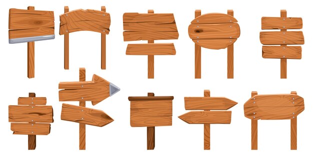Conjunto de letreros de madera aislados con placas de madera colocadas en postes con direcciones e ilustración de texto grabado