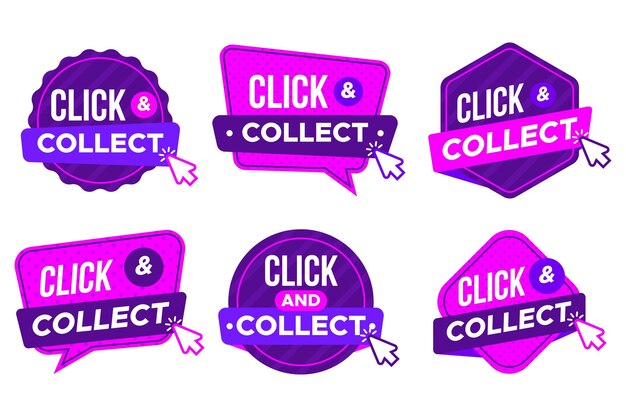 Conjunto de letreros modernos y detallados de hacer clic y recopilar