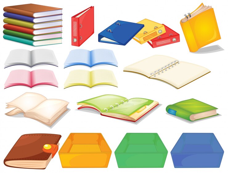 Vector gratuito conjunto de libros en diferentes vistas