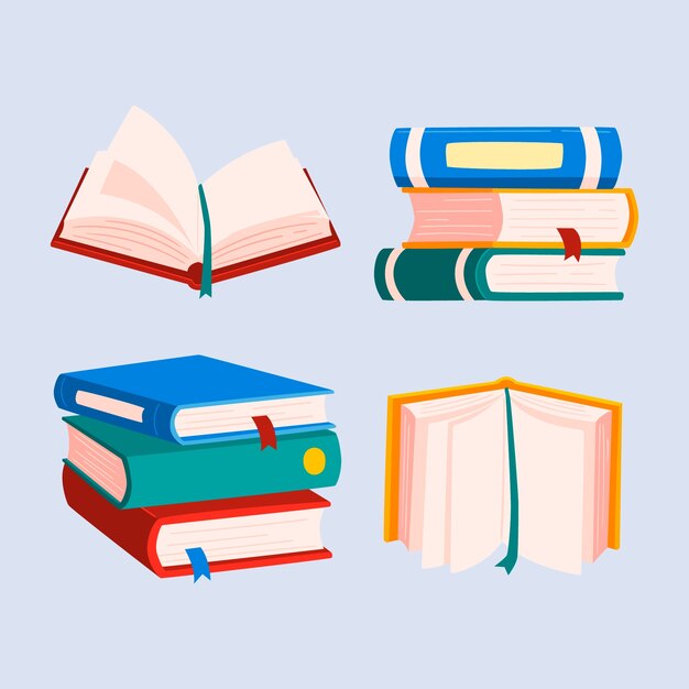 Conjunto de libros de ilustraciones educativas planos dibujados a mano
