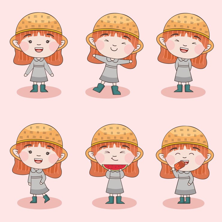 Vector gratuito conjunto de linda chica varias actividades y emociones vector de dibujos animados