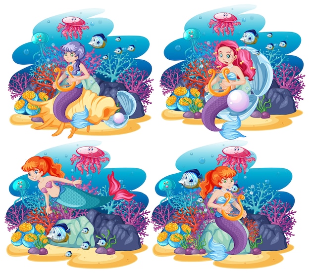 Vector gratuito conjunto de linda sirena con estilo de dibujos animados de escena de tema de mar animal