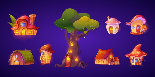 Conjunto de lindas casas de cuento de hadas en la noche aisladas en el fondo Ilustración de dibujos animados vectoriales de piedra de árbol de fantasía y cabañas de setas con porche de puerta de madera y ventanas iluminadas Casa enana del bosque