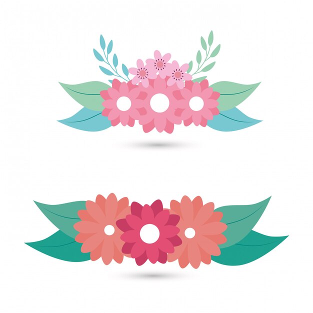 Conjunto de lindas flores con hojas naturales