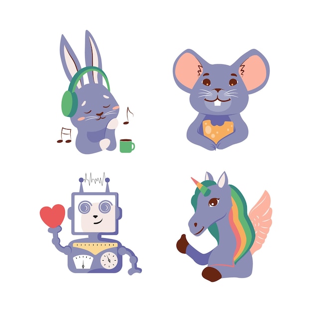 Conjunto de lindas ilustraciones vectoriales de cuento de hadas la colección de dibujos animados para niños conejito ratón unicornio o pony robot para diseños de logotipos pegatinas camisetas, etc.