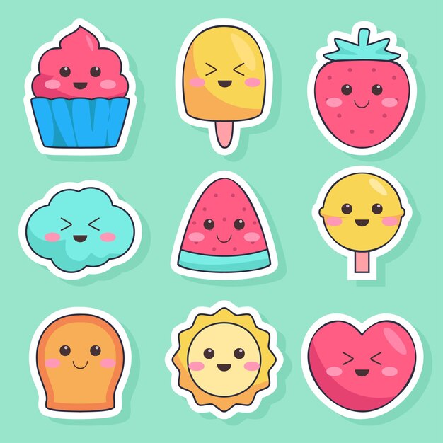 Conjunto de lindas insignias de moda de pegatinas vintage con dulces postres y dulces de varias formas en estilo de dibujos animados Ilustración vectorial