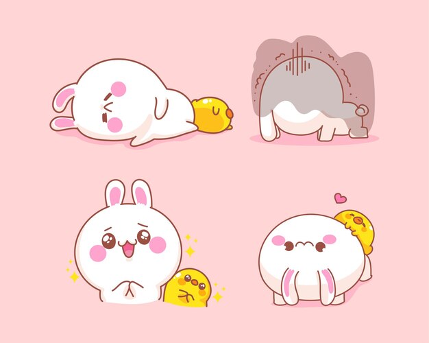 Conjunto de lindo conejo con pato se siente feliz y triste ilustración de dibujos animados