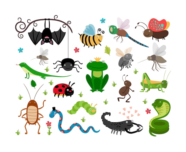 Conjunto de lindo conjunto de ilustración de insectos y reptiles