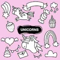 Vector gratuito un conjunto de lindo doodle unicornio ilustración dibujado a mano