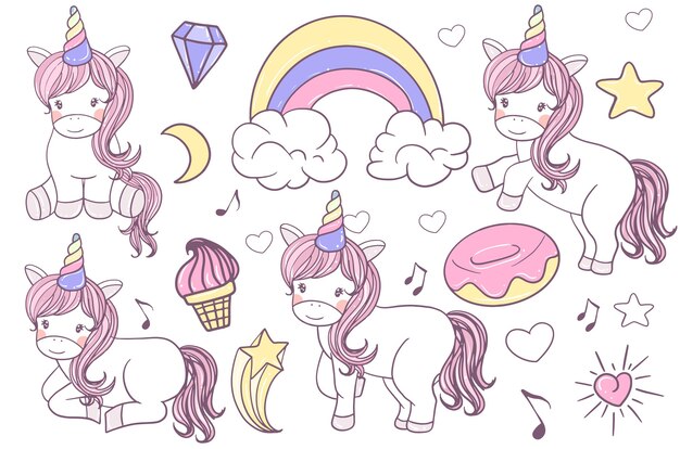 Un conjunto de lindo doodle unicornio ilustración dibujado a mano