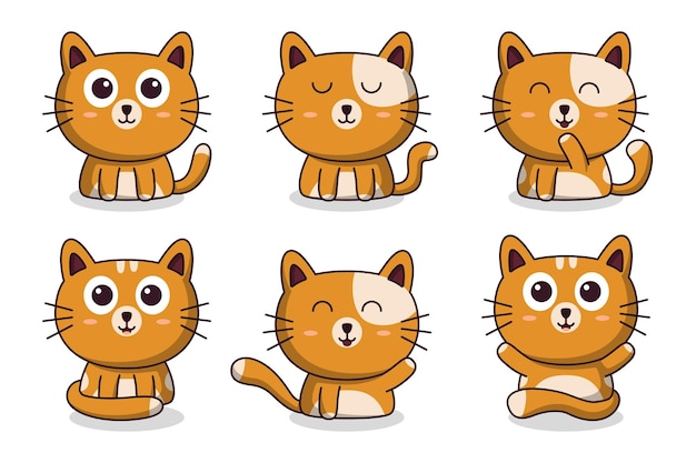 Vector gratuito conjunto de lindo gato con varias poses y emociones en vector de dibujos animados