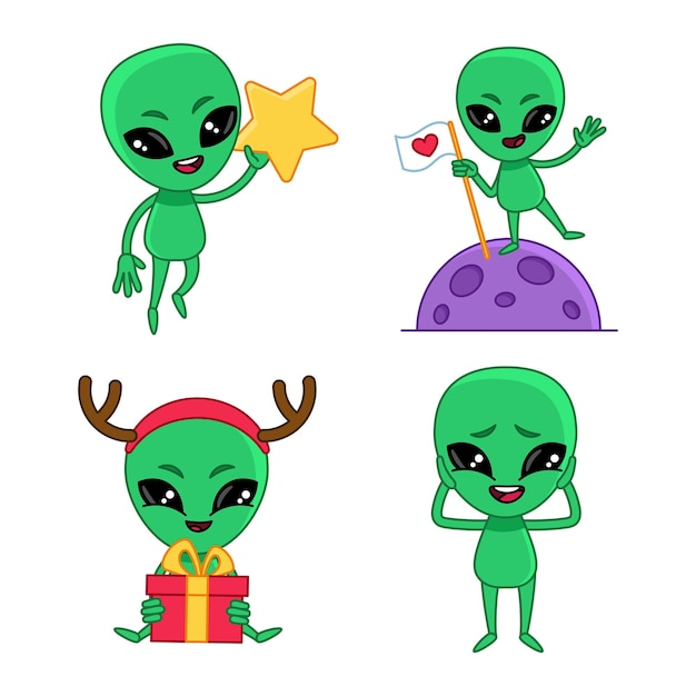 Vector gratuito conjunto de lindo personaje alienígena de dibujos animados sosteniendo una estrella de oro, recibiendo un regalo de navidad, de pie en el globo