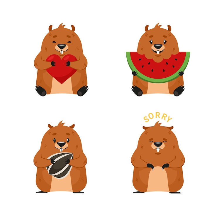 Vector gratuito conjunto de lindo personaje de castor de dibujos animados comiendo sandía y nuez disculpándose y sosteniendo el corazón