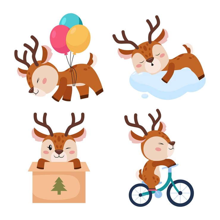 Vector gratuito conjunto de lindo personaje de ciervo de dibujos animados montando bicicleta, durmiendo en la nube, sentado en una caja de cartón