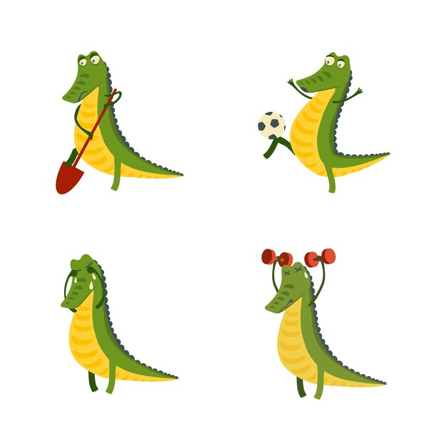 Conjunto de lindo personaje de cocodrilo de dibujos animados cavando jugando al fútbol llorando y levantando pesas