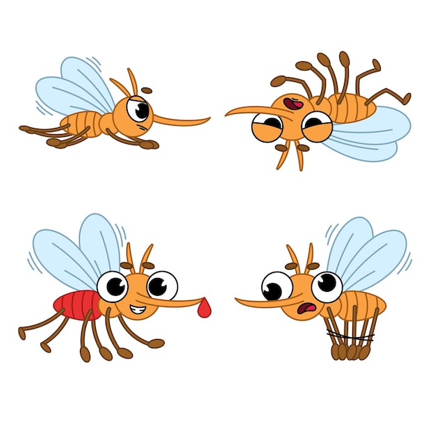 Vector gratuito conjunto de lindo personaje de mosquito de dibujos animados volando, bebiendo sangre y muriendo