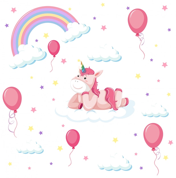 Conjunto de lindo unicornio con arcoiris y globo