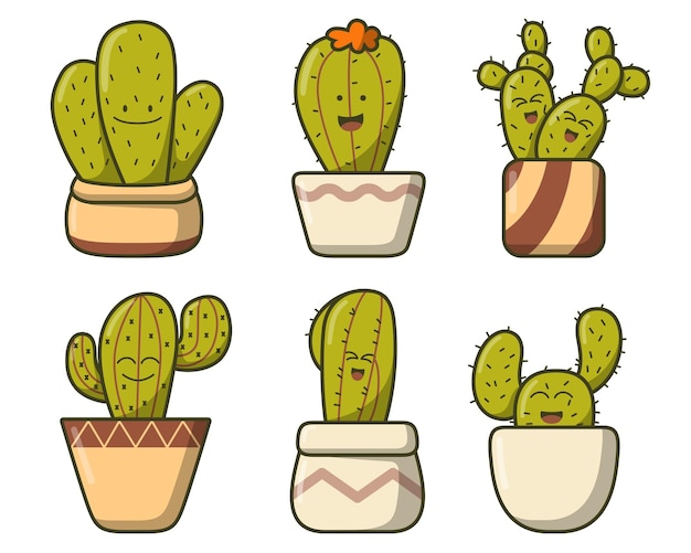 Vector gratuito conjunto de lindos cactus en maceta con forma veriosa y dibujo de emoción en estilo de dibujos animados aislado en la ilustración de vector de fondo blanco