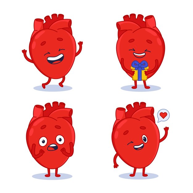 Conjunto de lindos corazones humanos dibujados a mano riendo sosteniendo una caja de regalo sintiéndose conmocionado y amor
