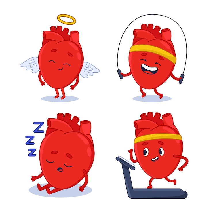 Vector gratuito conjunto de lindos corazones humanos dibujados a mano volando como ángel saltando con saltar la cuerda durmiendo corriendo en la cinta de correr