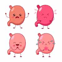 Vector gratuito conjunto de lindos estómagos humanos dibujados a mano con expresiones tristes felices enojadas confundidas
