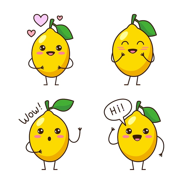 Conjunto de lindos limones dibujados a mano sintiendo amor sonriendo sorprendente saludo
