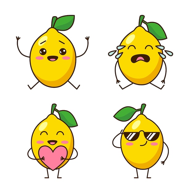 Vector gratuito conjunto de lindos limones dibujados a mano sonriendo llorando sosteniendo el corazón con gafas de sol