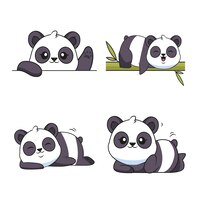 Vector gratis conjunto de lindos pandas dibujados a mano agitando la pata acostados en un árbol de bambú durmiendo y descansando