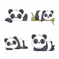 Vector gratuito conjunto de lindos pandas dibujados a mano agitando la pata acostados en un árbol de bambú durmiendo y descansando