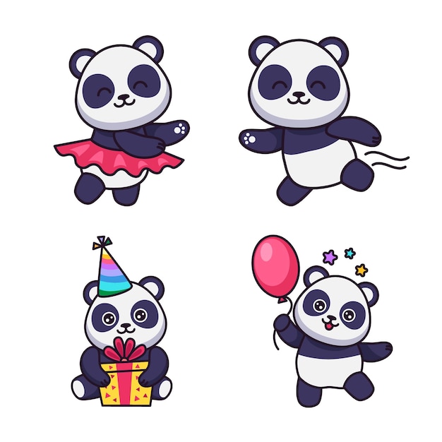 Vector gratuito conjunto de lindos pandas dibujados a mano bailando corriendo sosteniendo una caja de regalo de pie con globo