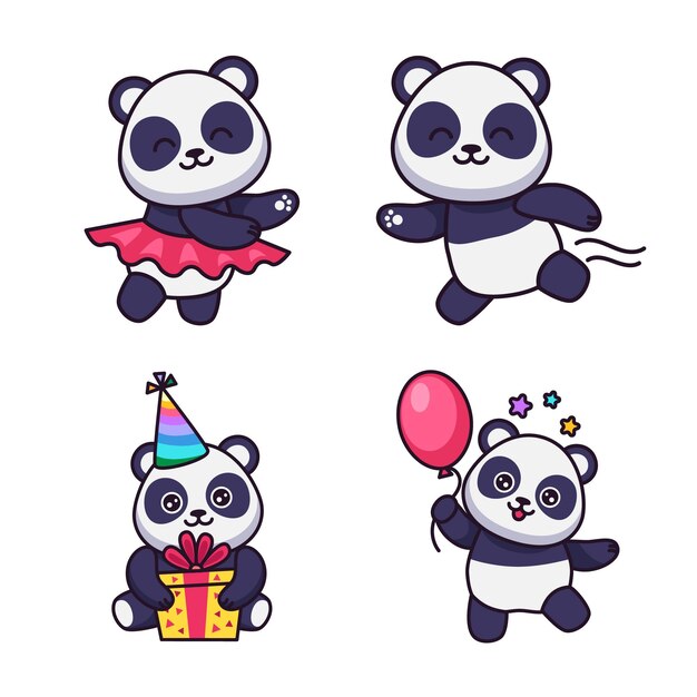 Conjunto de lindos pandas dibujados a mano bailando corriendo sosteniendo una caja de regalo de pie con globo