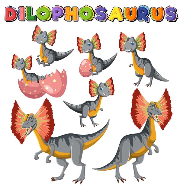 Conjunto de lindos personajes de dibujos animados de dinosaurios dilophosaurus