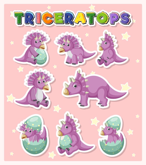 Conjunto de lindos personajes de dibujos animados de dinosaurios triceratops